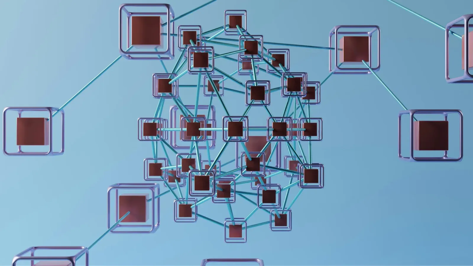 Render tridimensional de decenas de cubos metálicos conectados entre sí por líneas turquesa sobre fondo azul, con algunos cubos aislados en los bordes.