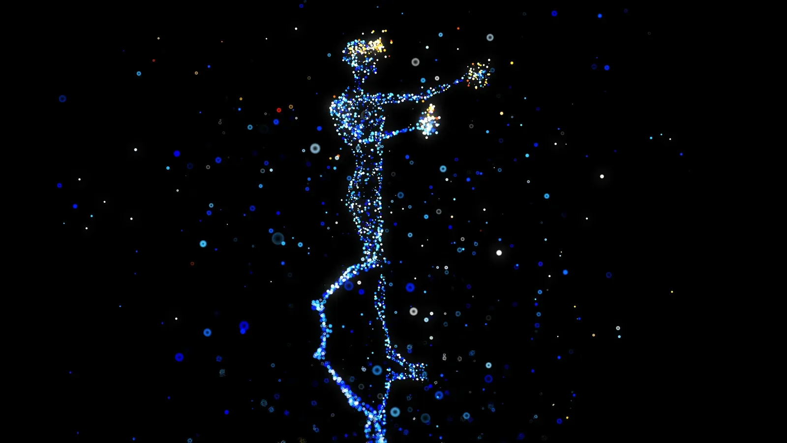 Figura humana formada por miles de puntos de luz azules sobre fondo negro, de pie y sosteniendo en la mano una estrella brillante.